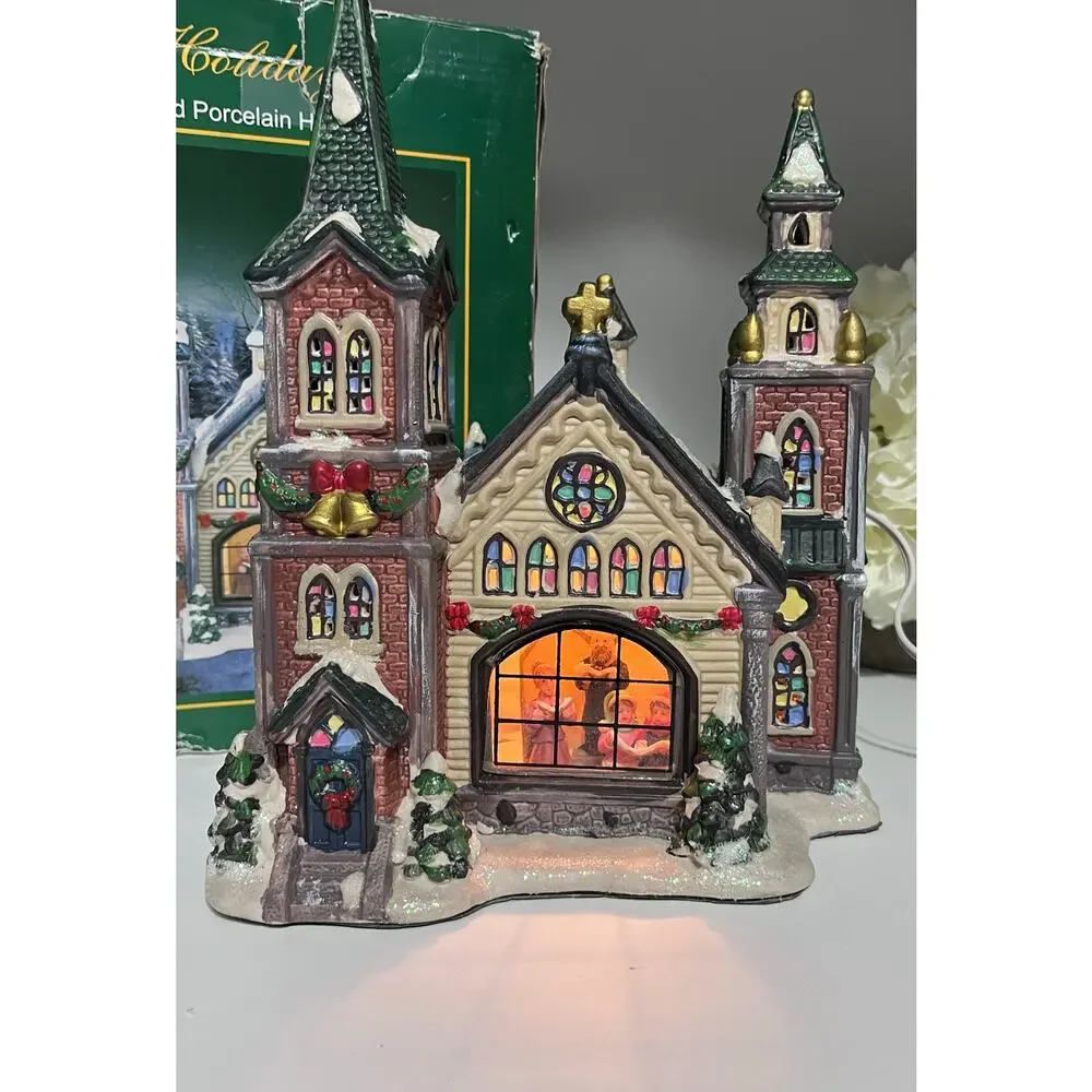 Holiday‎ Lighted Porcelain House Church Singing Choir Original Box Pre-owned